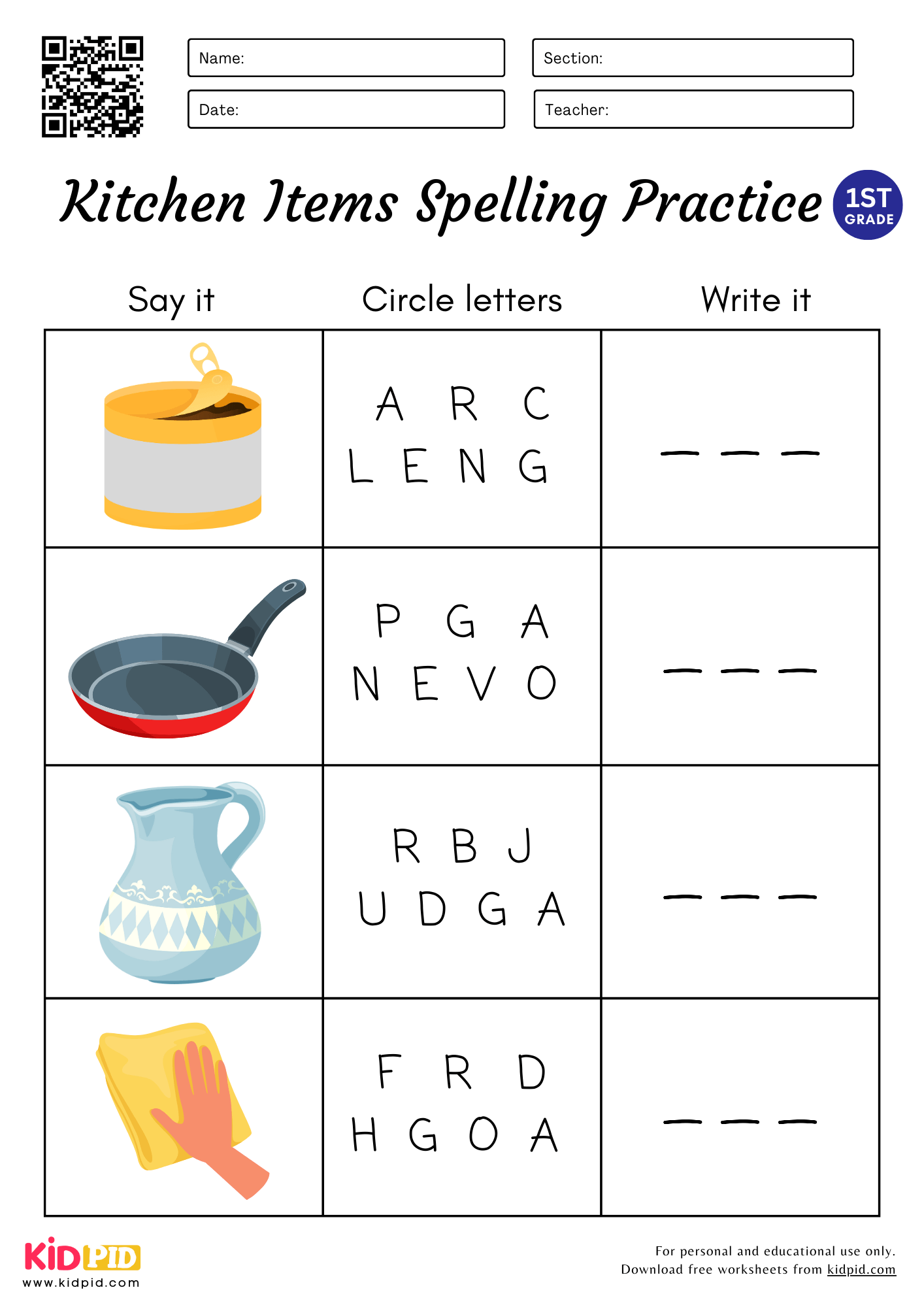 3 Letters Kitchen Items Spelling Practice Worksheet For Grade 1 Kidpid