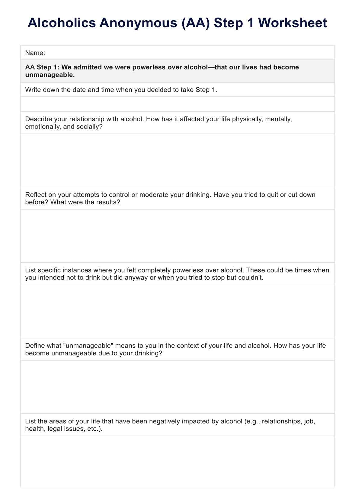 AA Step 4 Worksheets U0026 Example Free PDF Download