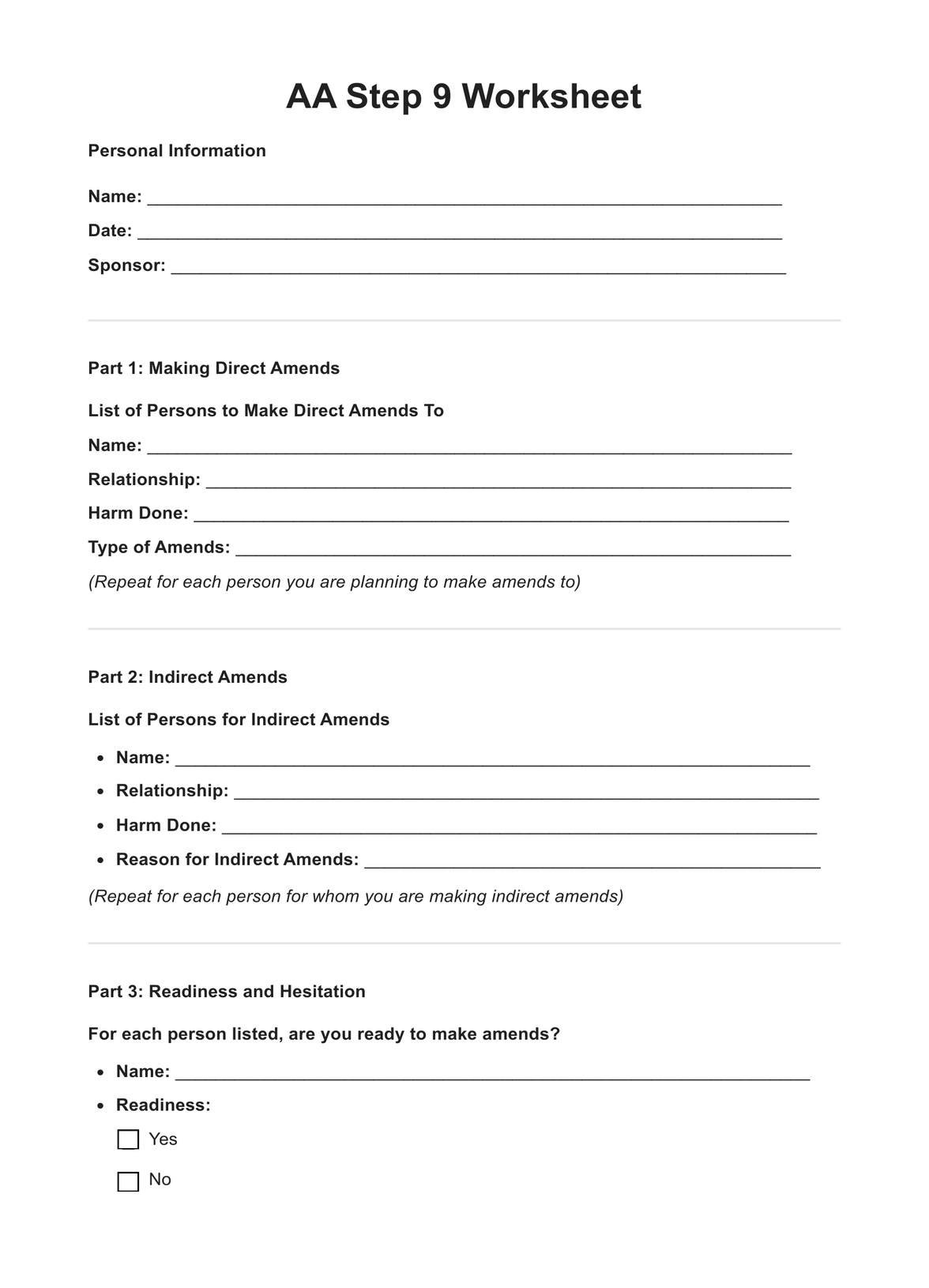 AA Step 9 Worksheets U0026 Example Free PDF Download