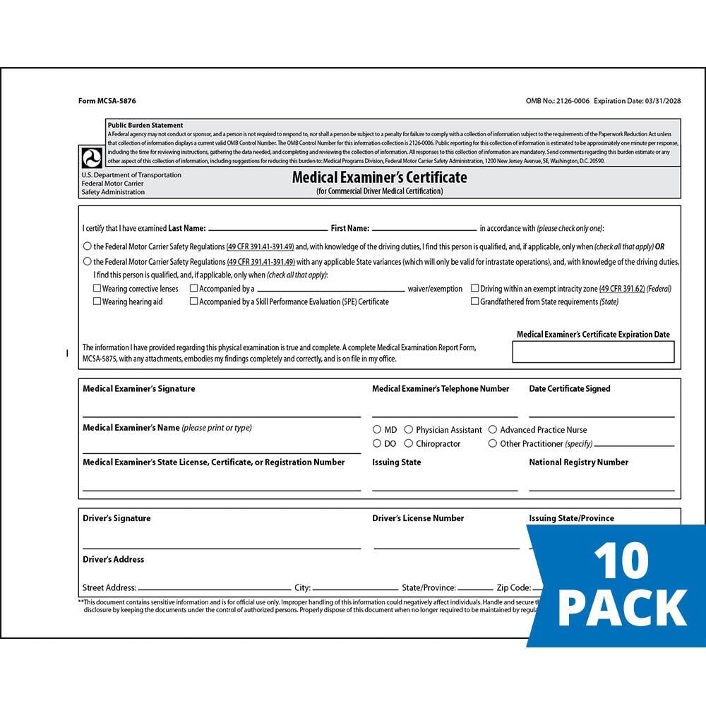 Amazon DOT FMCSA Medical Examiner Certificate 10 Pack 4 25