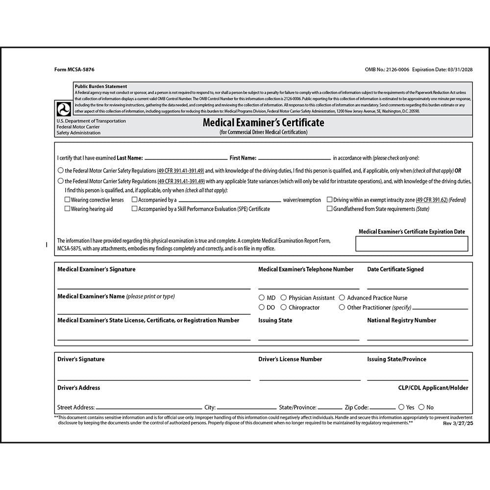 Amazon DOT FMCSA Medical Examiner Certificate 10 Pack 4 25