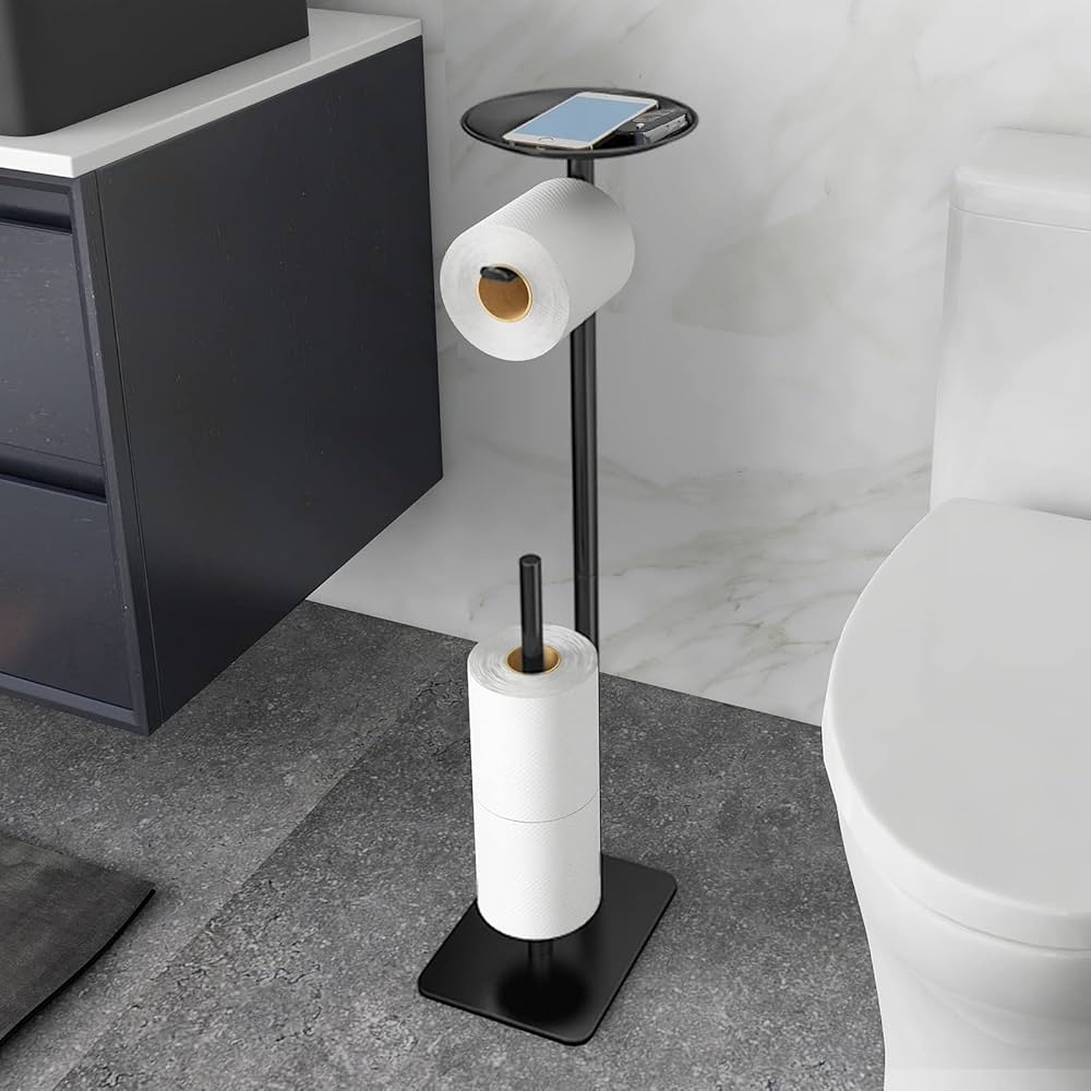 Amazon FEILERN Toilet Paper Holder Stand For Bathroom Floor Standing Toilet Roll Dispenser Storages 4 Reserve Rolls With Top Storage Shelf For Cell Phones Wipe Wallet And More Black Tools U0026 Home