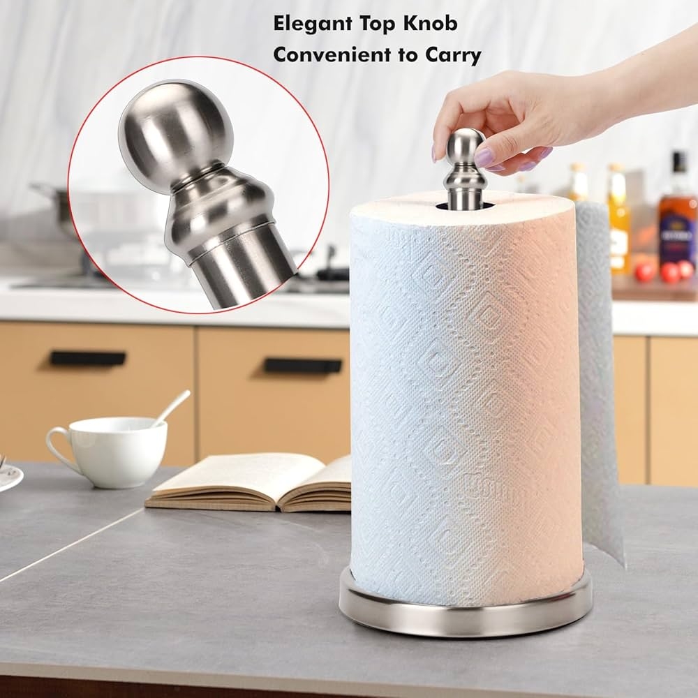 Amazon Paper Towel Holder Countertop Standing Paper Towel Roll Holder For Kitchen Bathroom With Weighted Base For One Handed Operation Brushed Nickel 
