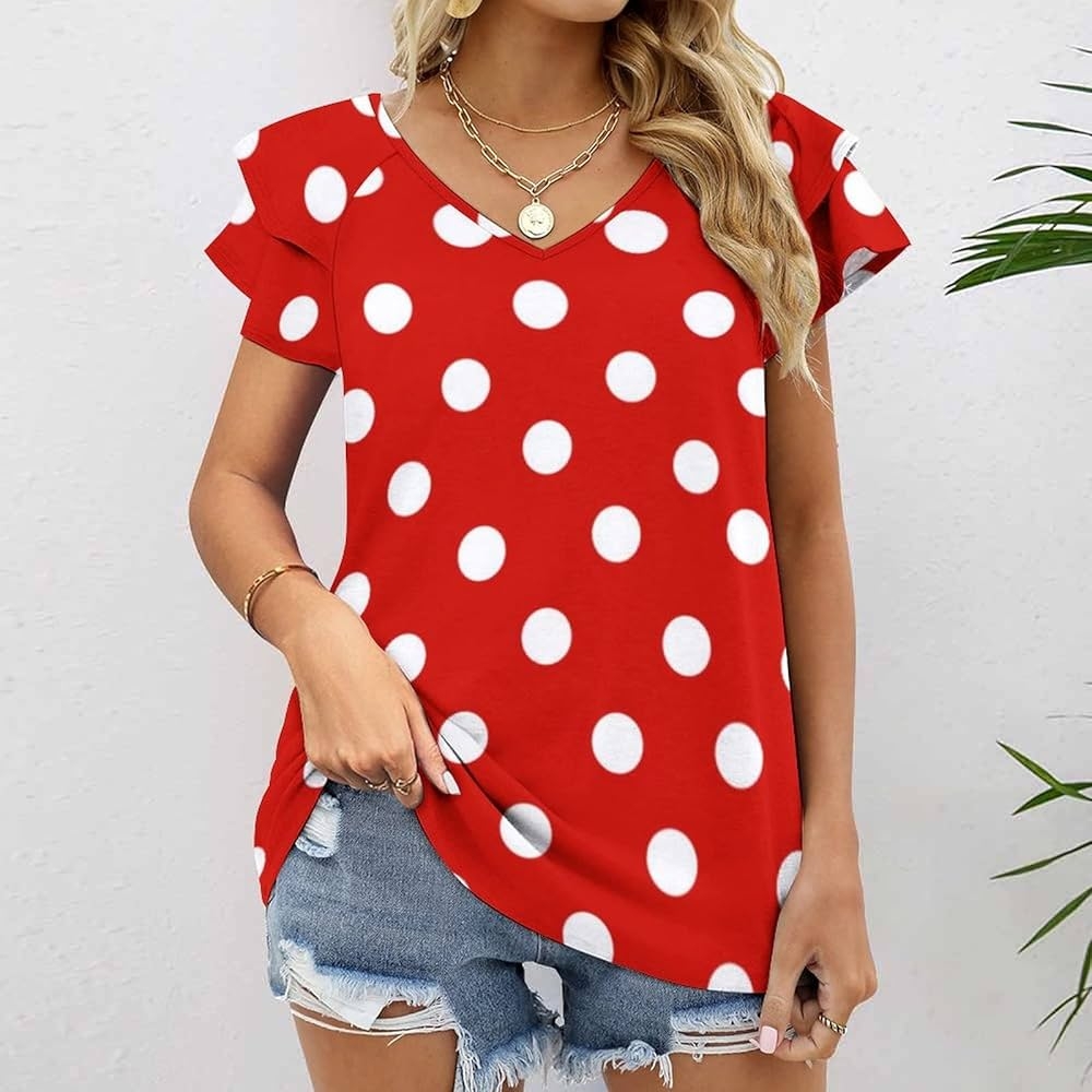 Amazon Red And White Polka Dots Women s T Shirts Ruffled Short Sleeved Tees Top V Neck Pullover Loose Blouse Clothing Shoes U0026 Jewelry