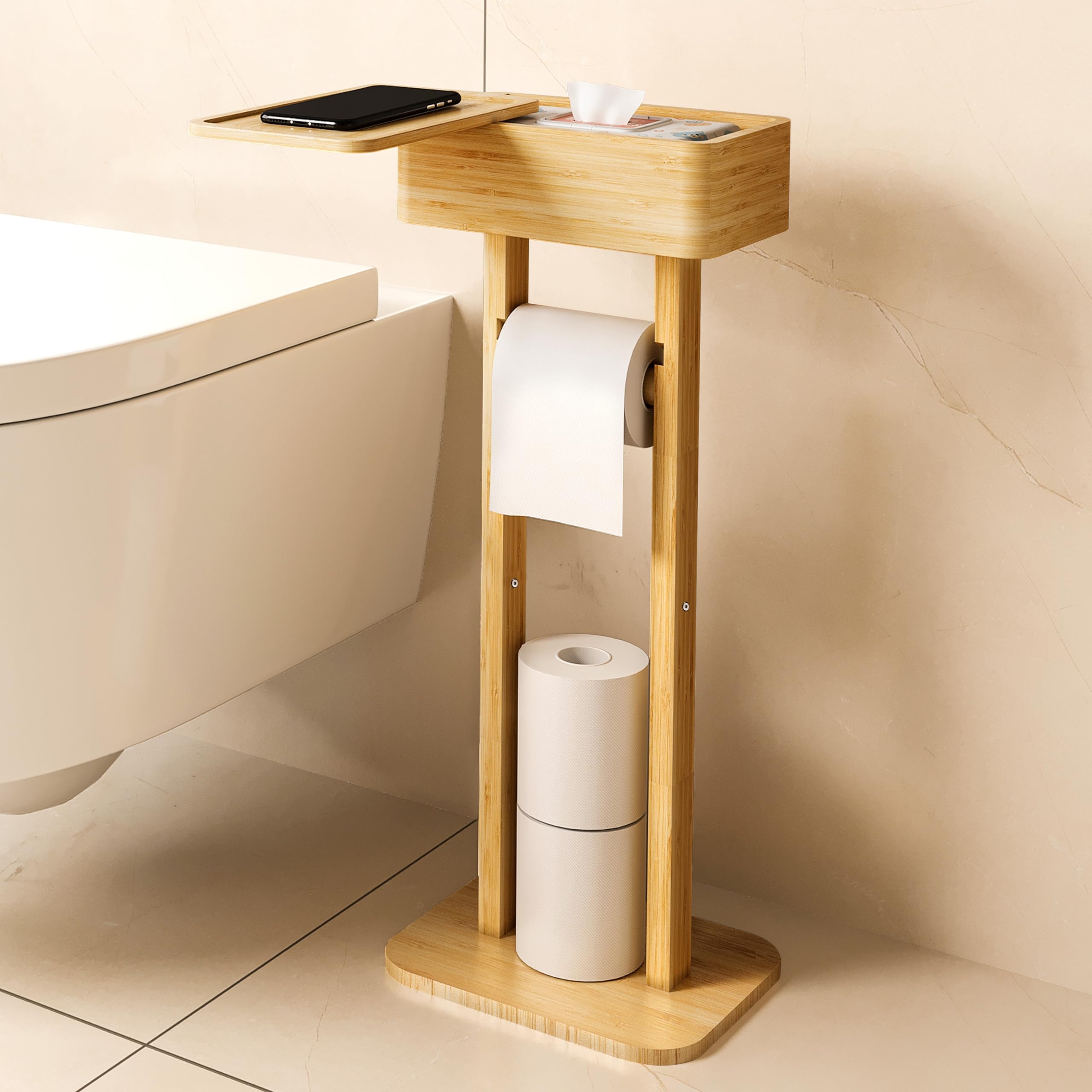 Amazon Wealone 4 in 1 Toilet Paper Holder Stand With Storage Shelf Box 360 Rotating Bamboo Free Standing Toilet Tissue Roll Toilet Wipes Dispenser Organizer Desktop For Bathroom Decor Patented Tools U0026 Home