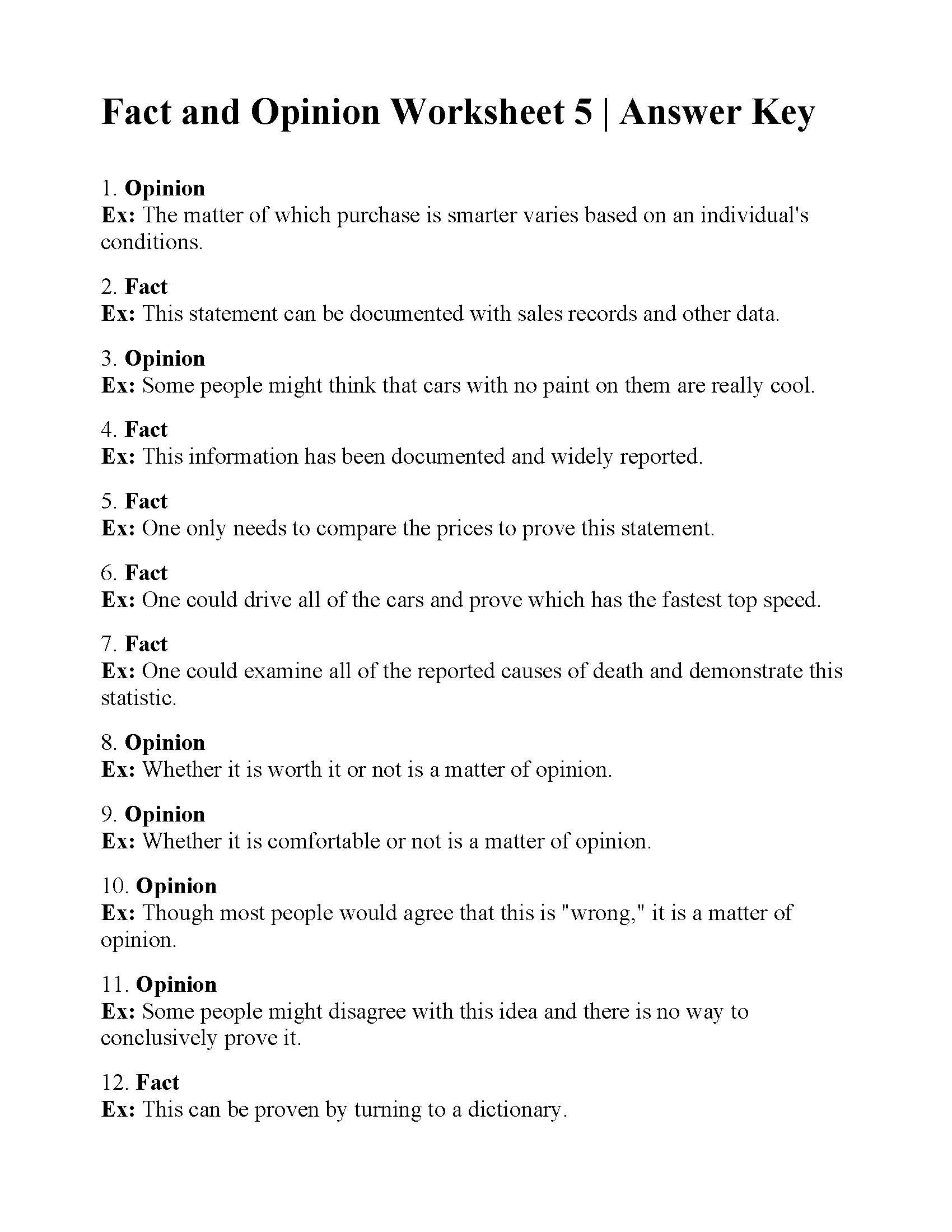 Fact And Opinion Worksheet 5 Reading Activity