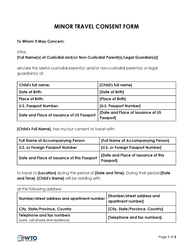 Free Child Travel Consent Forms Templates Word PDF