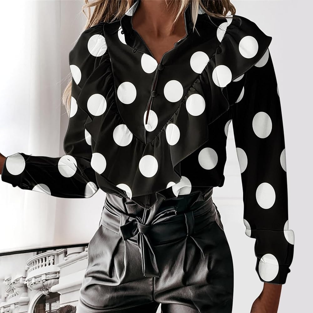 JOAU Women s Fashion Polka Dot Long Sleeve Blouse Fall Casual Stand Collar Henley Shirts Work Business Button Ruffle Tops At Amazon Women s Clothing 
