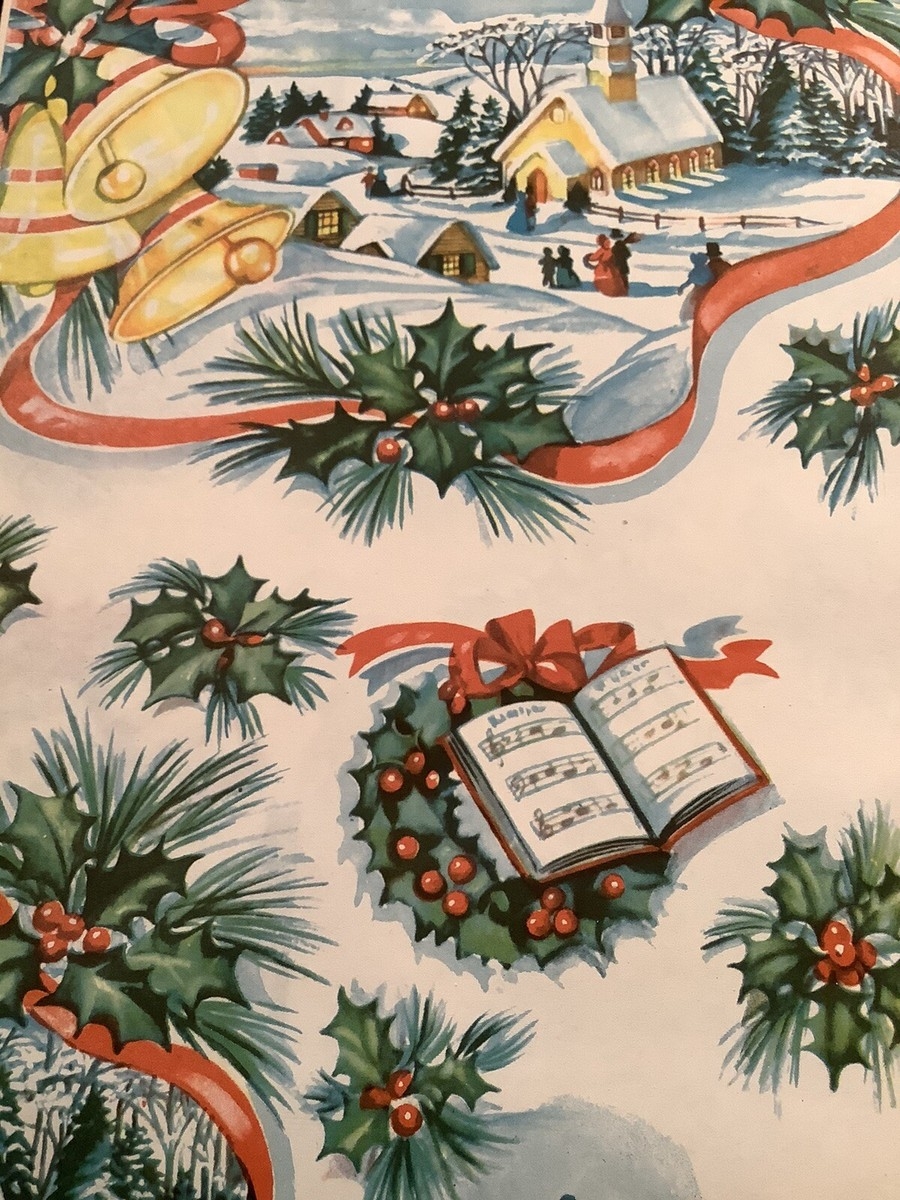 L948 Vintage 1940s Christmas Wrapping Paper VICTORIAN SNOWY VILLAGE 20 x30 