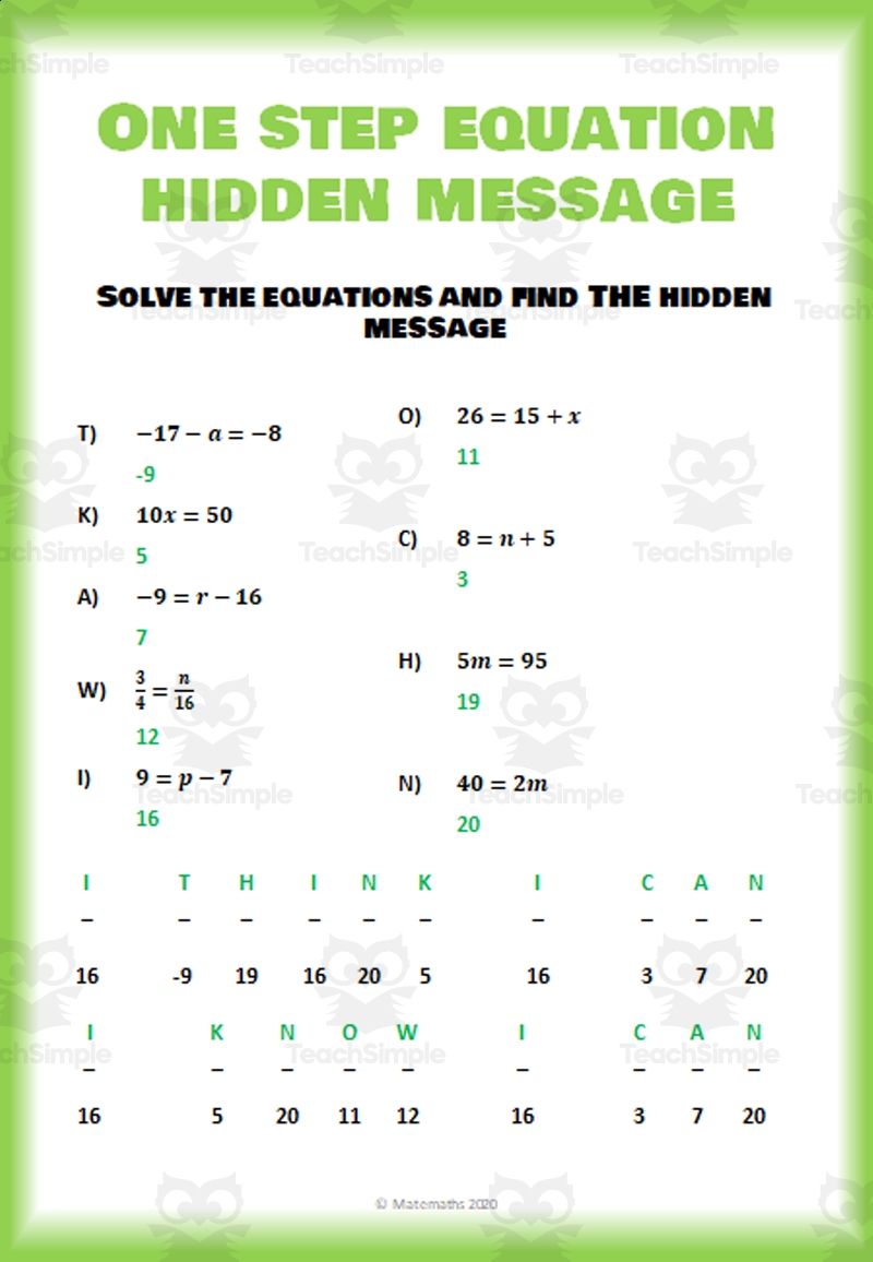 Math One Step Equations Activity Worksheet By Teach Simple