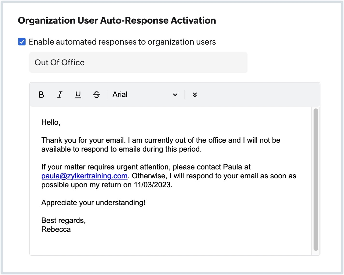 Out Of Office Message Configuration Zoho Mail