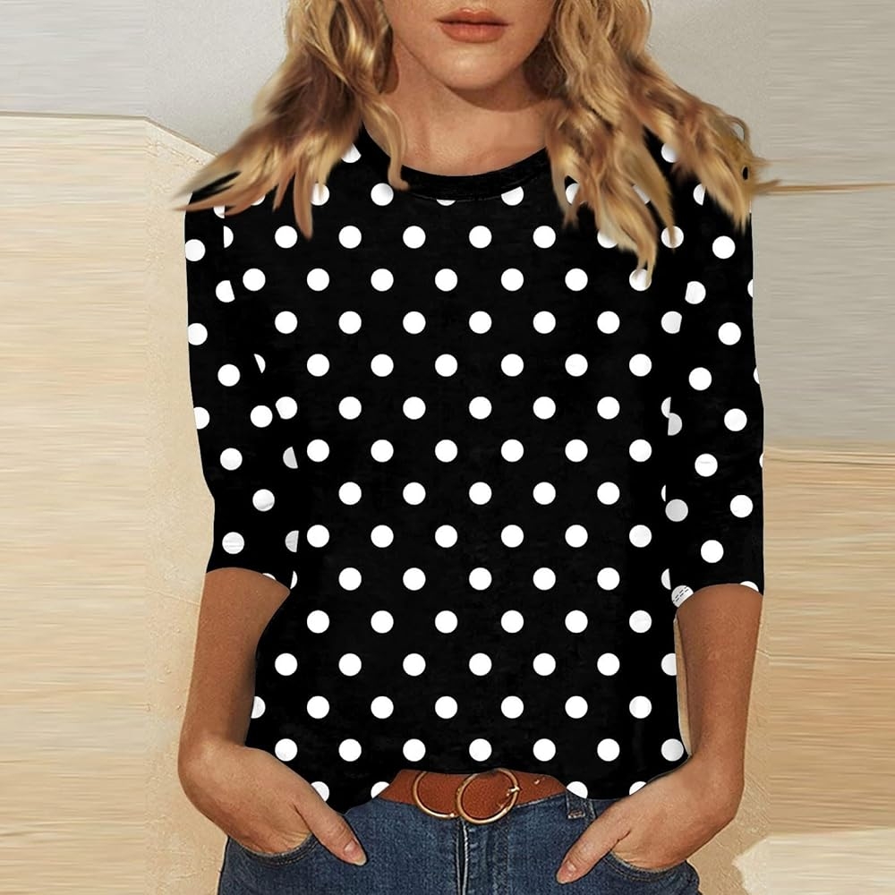 Polka Dot Tops For Women Spring Loose 3 4 Sleeve Boat Neck Sweater Light Comfy Soft Blouse Casual Work Pullover Shirt