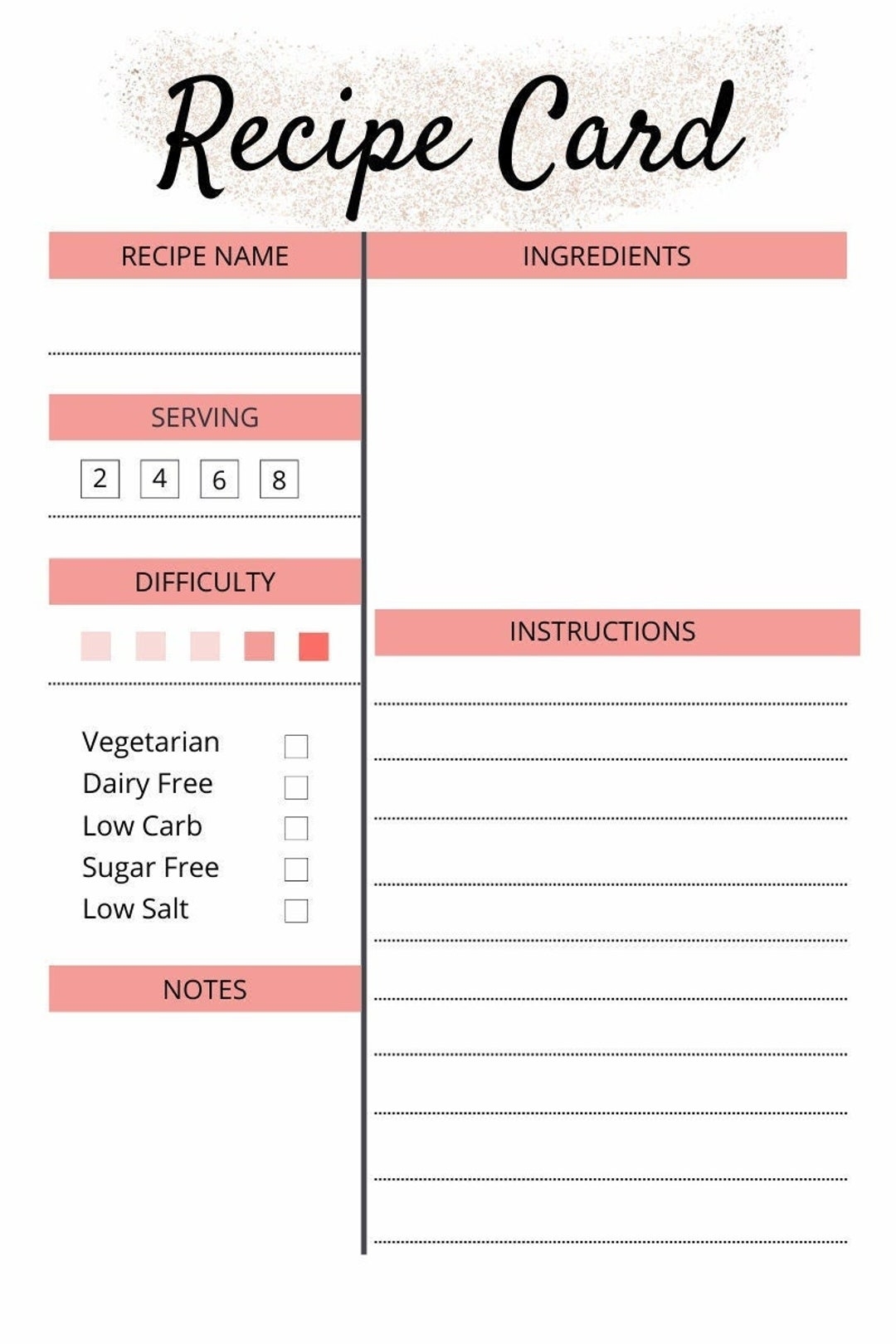 Recipe Card Template Printable Recipe Template Recipe Page Digital Recipe Book Template Simple Minimalist pdf for Handwriting Recipes Etsy