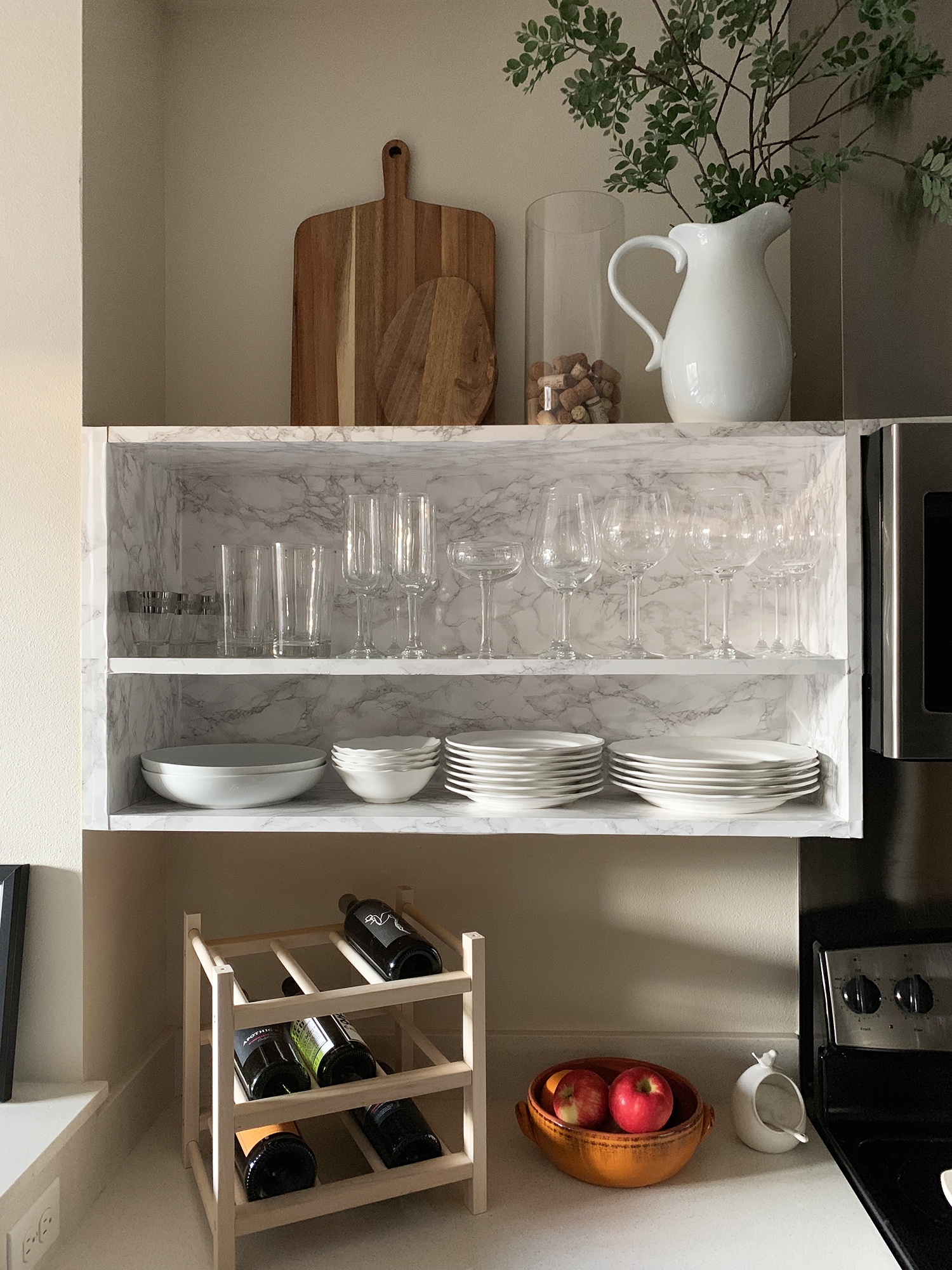 Renter DIY Adding Marble Contact Paper To Open Shelves Chris Loves Julia