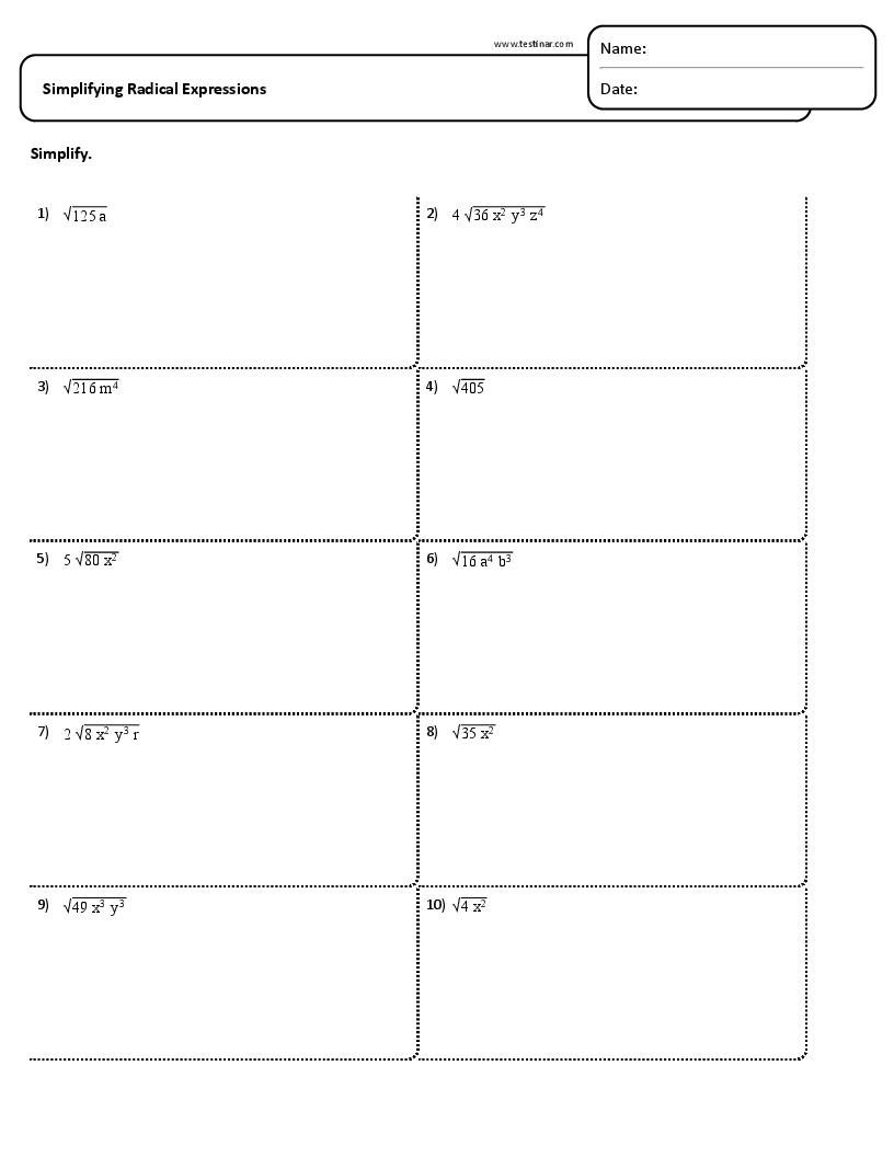 worksheet for simplifying radicals