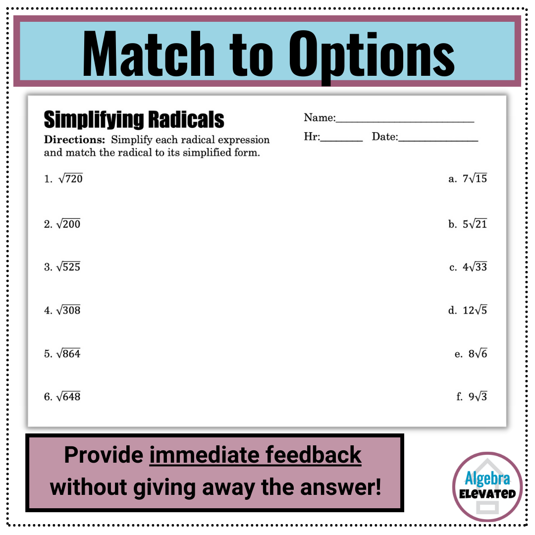 Simplifying Radicals Matching Worksheet Made By Teachers