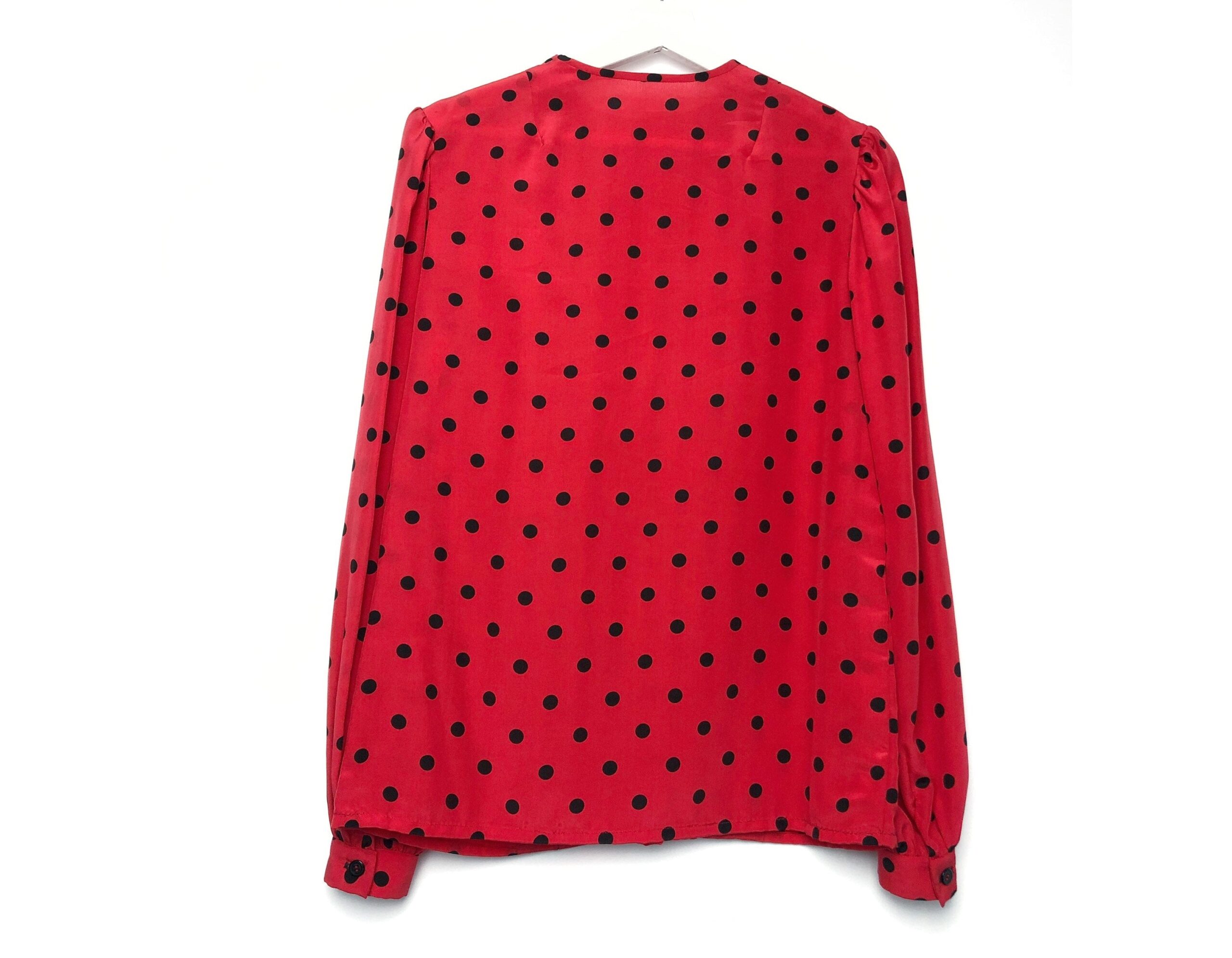 Vintage Red Black Polka Dot Blouse Top Shirt For Women Long Sleeves Handmade Size S